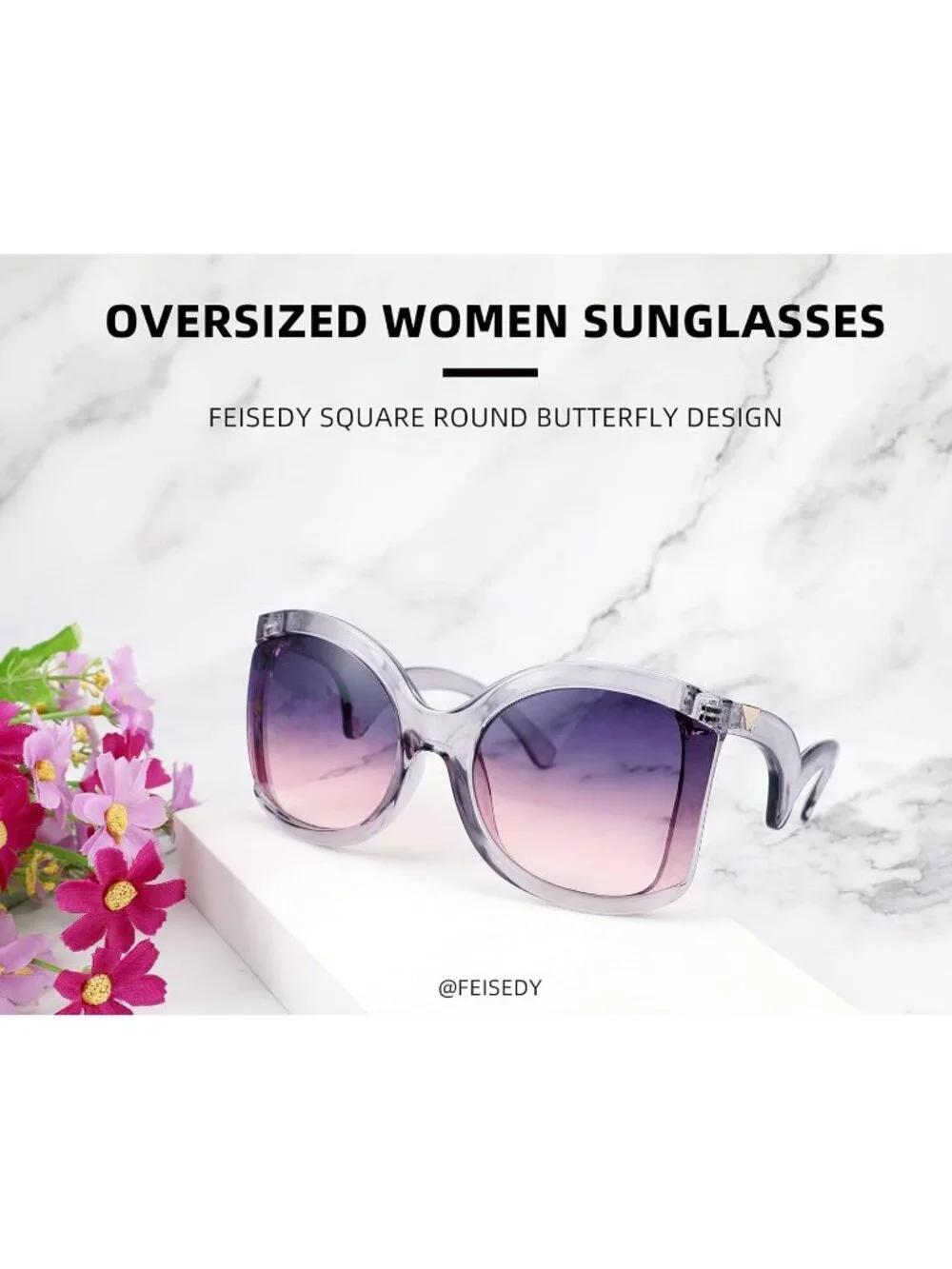 Women's Oversized Square Sunglasses Curly Arm Frame Shades B4035 Grey Purple